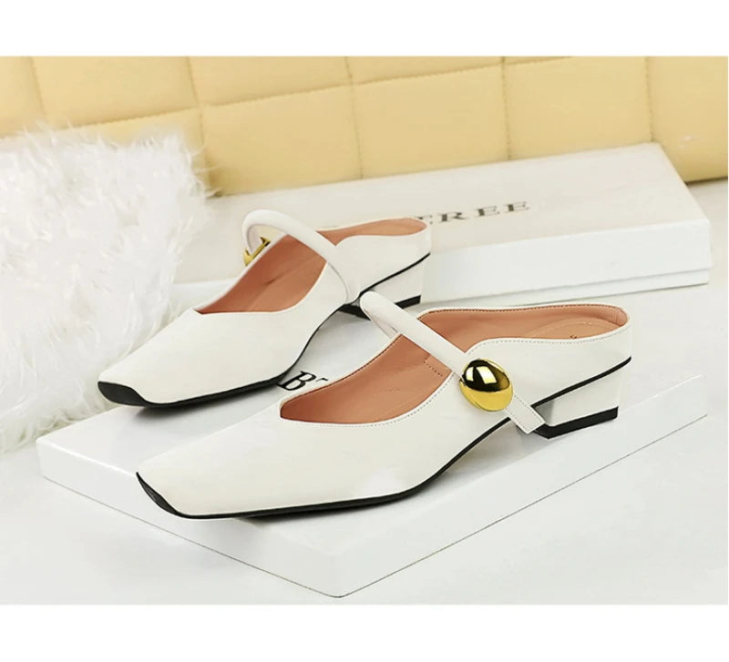 European Style Light-Mouthed Half-Slippers Women Wearing Thick Heels And Square-Toe Mary Jane Shoes One-Strap