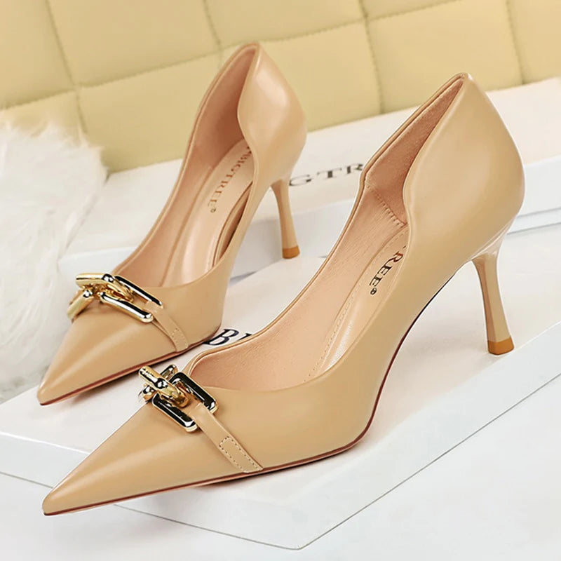 Elegant Women Pumps Metal Button Kitten Heels Women Shoes Stiletto Banquet Shoes Pointed High Heels