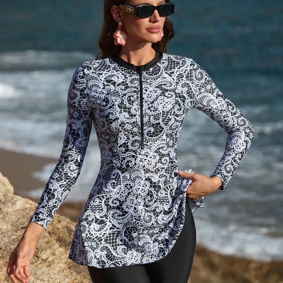 Plus Size Modest Burkini Femmes Muslim Islamic Swim Suit Swimwear Women Swimsuit Retro Style Pattern Design
