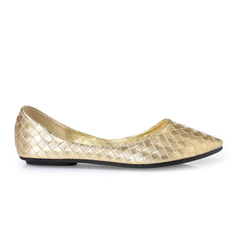 Ladies Ballet Flats Weaving Gold Silver Shoes Pointed Toe Breathable Slip-Ons Summer