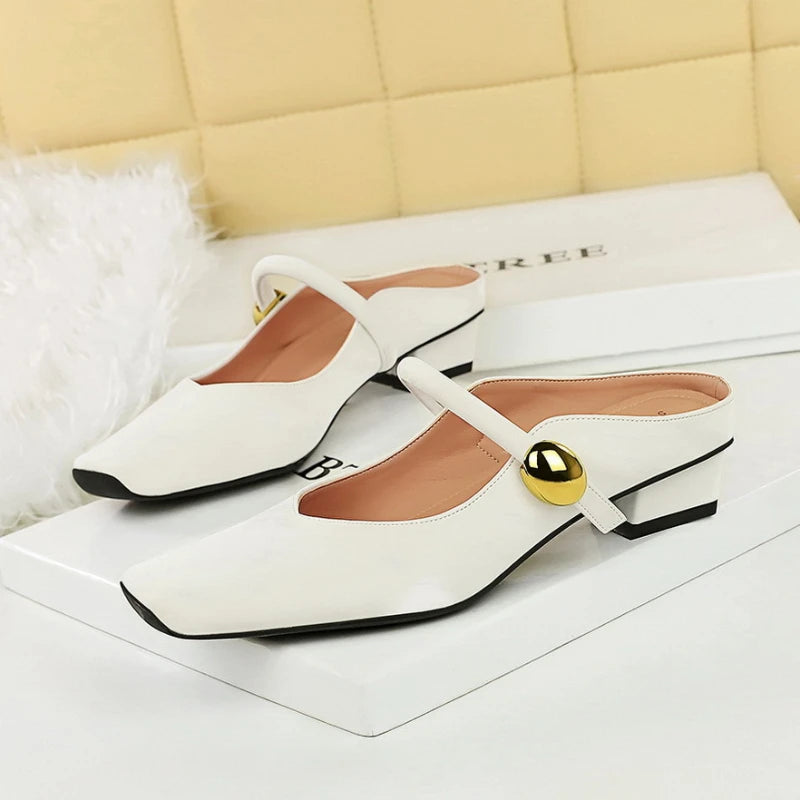 European Style Light-Mouthed Half-Slippers Women Wearing Thick Heels And Square-Toe Mary Jane Shoes One-Strap
