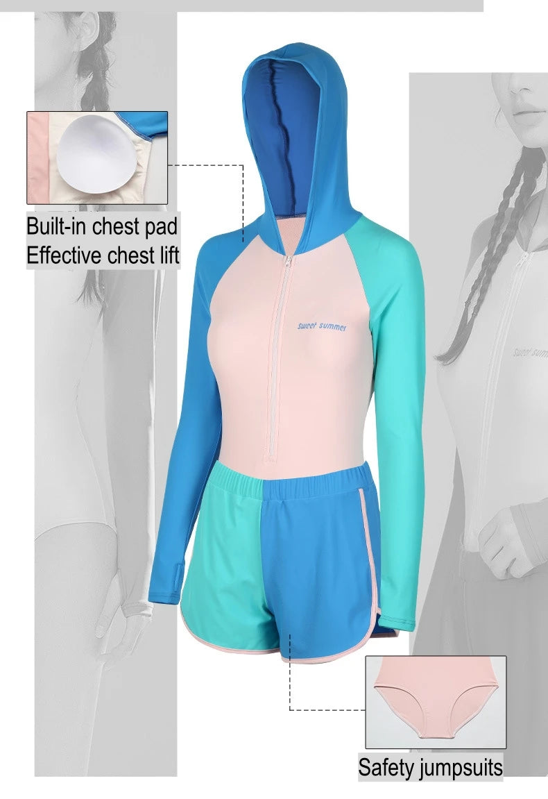 Women Long Sleeve Water Sports Outdoor Bathing Push Up Swim Wear Hooded Female Front Zipper Beach Athletic Surfing Swim Suit