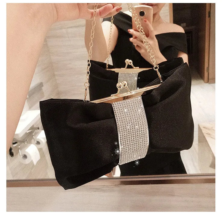 Bow women Cutch bag Luxury Party Satin Diamond Ladies Evening Bag lady Clutches small Chain messenger bags female wallet black