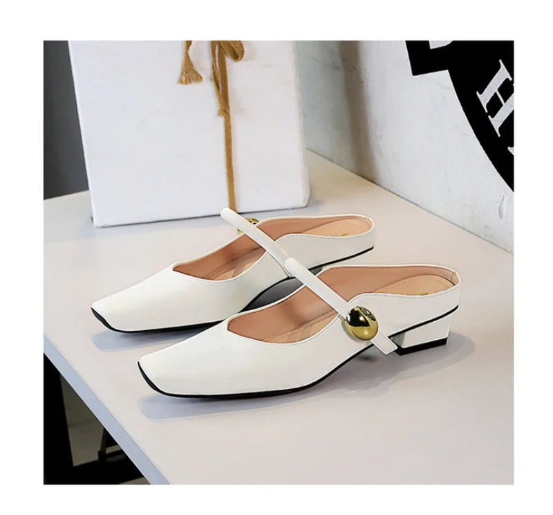European Style Light-Mouthed Half-Slippers Women Wearing Thick Heels And Square-Toe Mary Jane Shoes One-Strap