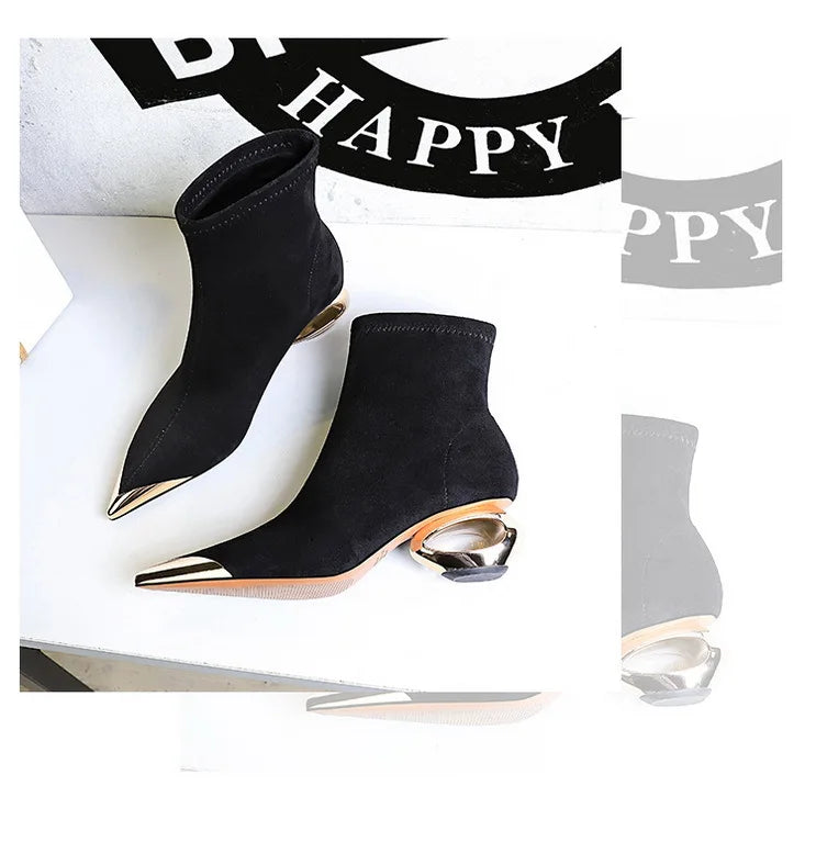 Street Style Fur Metal Hollow Heel Modern Faux Suede Short Boots for Women Metal Pointed Toe Low Heel Boots Female