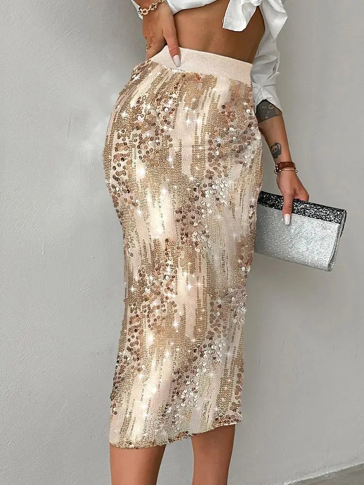 2024 Allover Sequin Stretchy Waist Side Slit Party Club Skirt Natalia Home Fashion Champagne-L Natalia Home Fashion