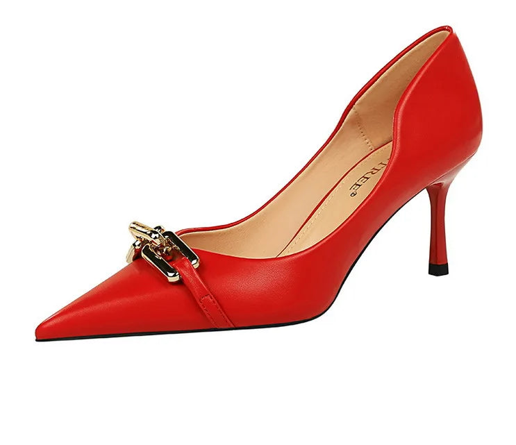 Elegant Women Pumps Metal Button Kitten Heels Women Shoes Stiletto Banquet Shoes Pointed High Heels