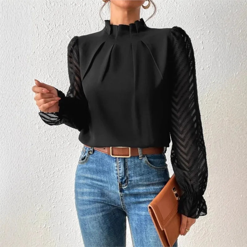 Elegant Blouse White Women's Shirt 2024 New Half High Neck Spliced Wave Pattern Chiffon Long sleeved Top Office Lady Natalia Home Fashion Natalia Home Fashion