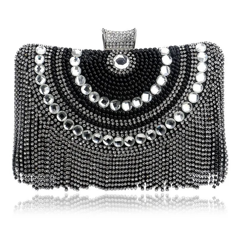 Rhinestones Tassel Clutch Diamonds Beaded Metal Evening Bags Chain Shoulder Messenger Purse Evening Bags For Wedding Bag