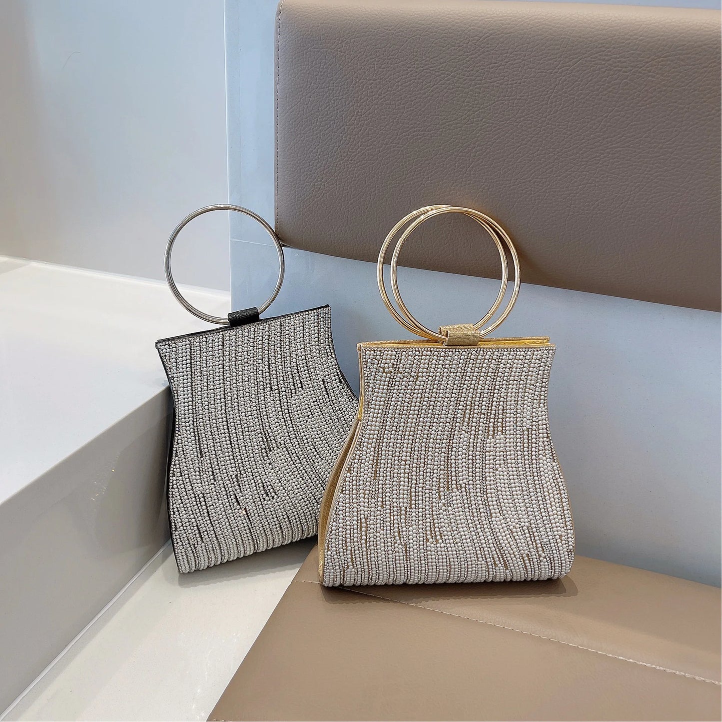 Fashionable Diamond Set Pearl Handbag, Banquet Single Shoulder Water Diamond Circular Cross Women's Handbag