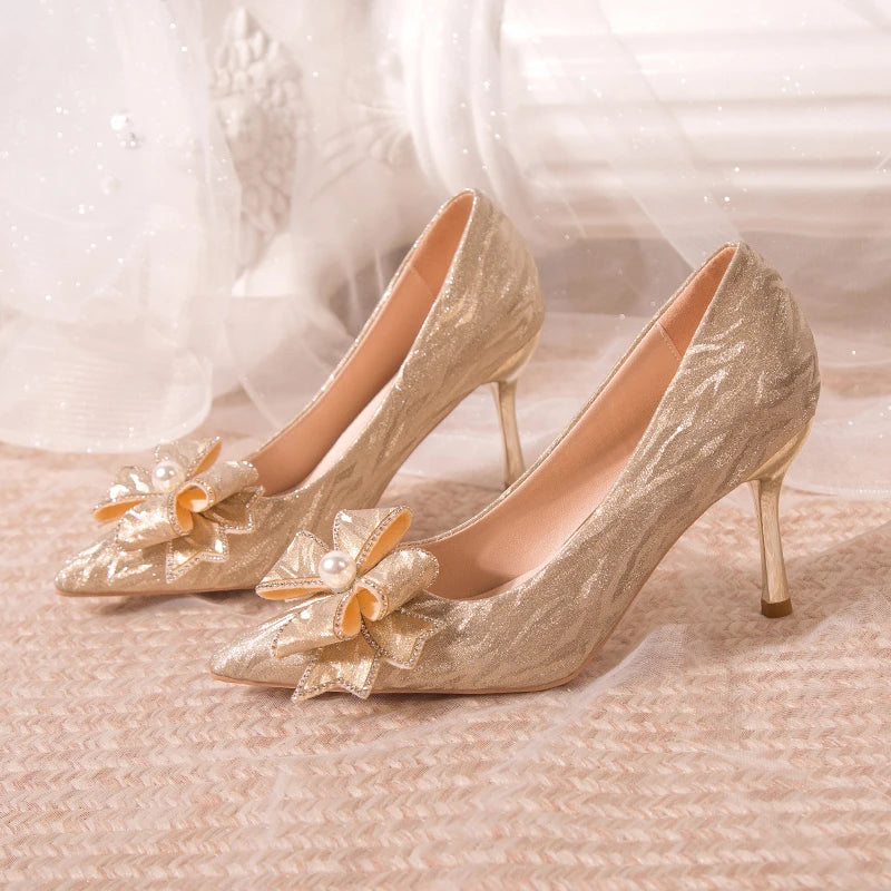 Stiletto Heels Wedding Pumps Women Party Shoes Silver Crystal Butterfly Knot Pointed Toe Sexy High Heels