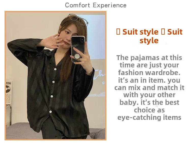 Striped Satin Pajamas Women Jacquard Loungewear Long Sleeve Trousers Two-Piece Set Solid Color Roll-Neck Cardigan Sleepwear