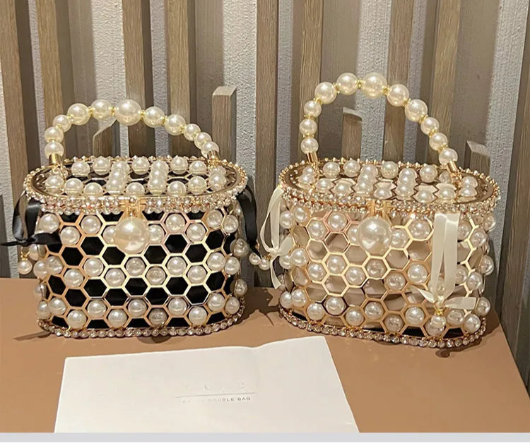 Luxury Pearl Beaded Metal Cage Hollow Out Women Handbag Rhinestones Diamond Evening Bag Wedding Party Clutch Purse Crossbody Bag