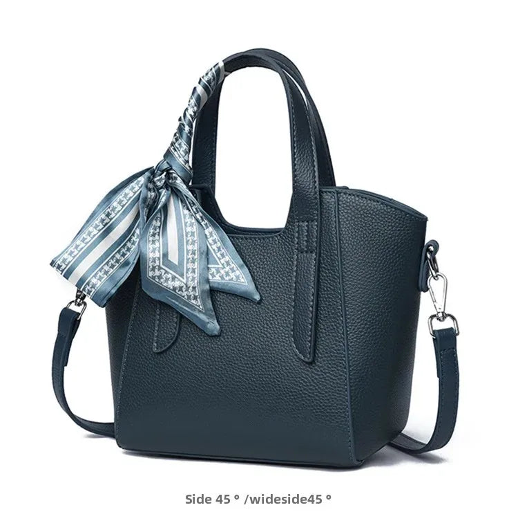 Pure Leather Cowhide Single Shoulder Crossbody Bag Ladies Handbag Fashion Bucket Bag Simple Basket Comes with Scarf