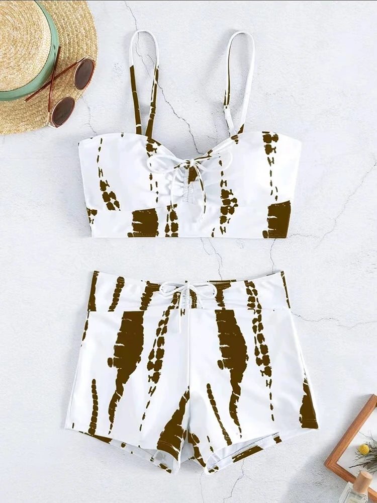 Tie Dye Bikini Drawstring Swimsuit Women High Waist Shorts Swimwear Female Padded Bathing Suit Swimming Beachwear Summer