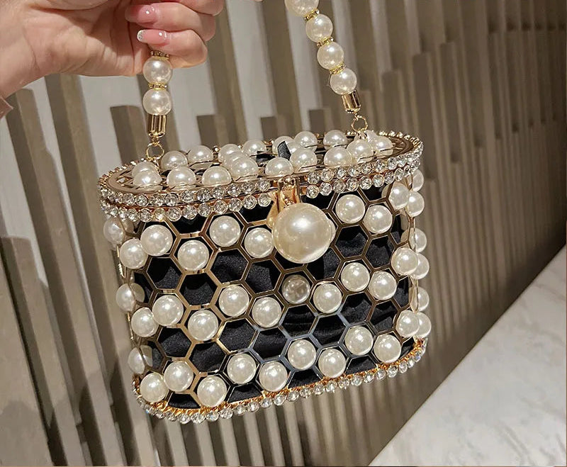 Luxury Pearl Beaded Metal Cage Hollow Out Women Handbag Rhinestones Diamond Evening Bag Wedding Party Clutch Purse Crossbody Bag