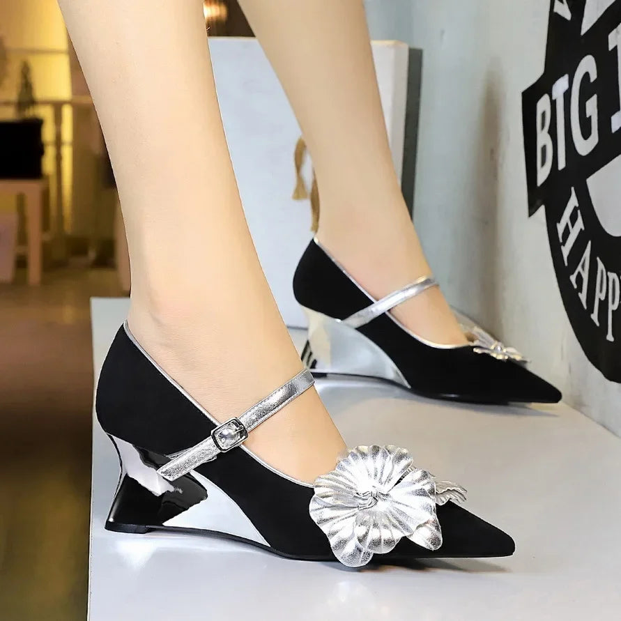 Metal Wedges 6 cm Women Pumps Flower Design High Heels Suede Sexy Party Shoes Buckle Ladies Shoes Women Wedges