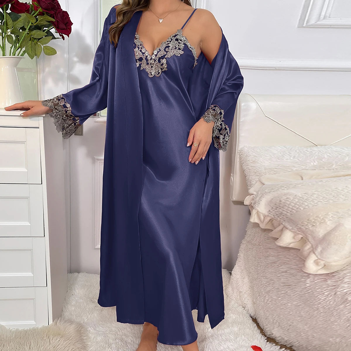 Contrast Lace Long Sleeve Belted Robe V Neck Slip Dress Sexy Elegant Women Pajamas Sets