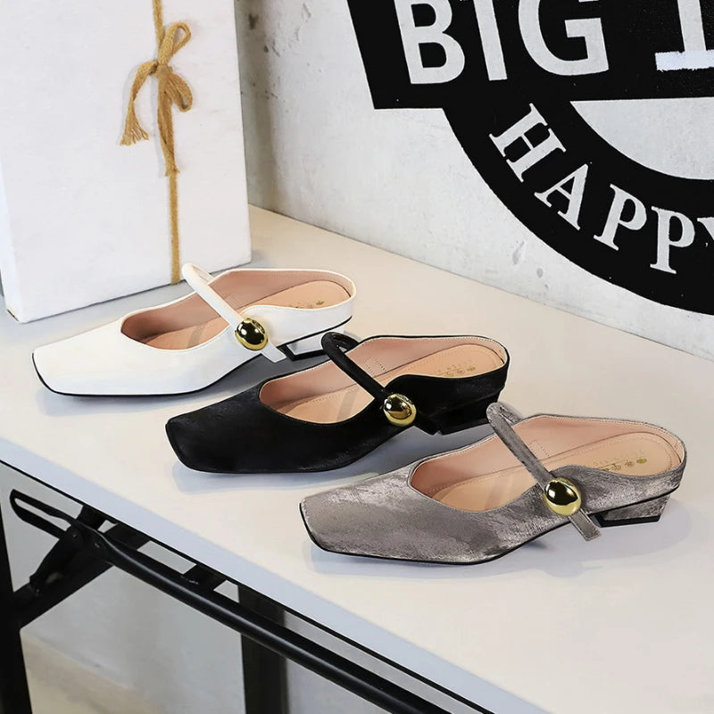 European Style Light-Mouthed Half-Slippers Women Wearing Thick Heels And Square-Toe Mary Jane Shoes One-Strap