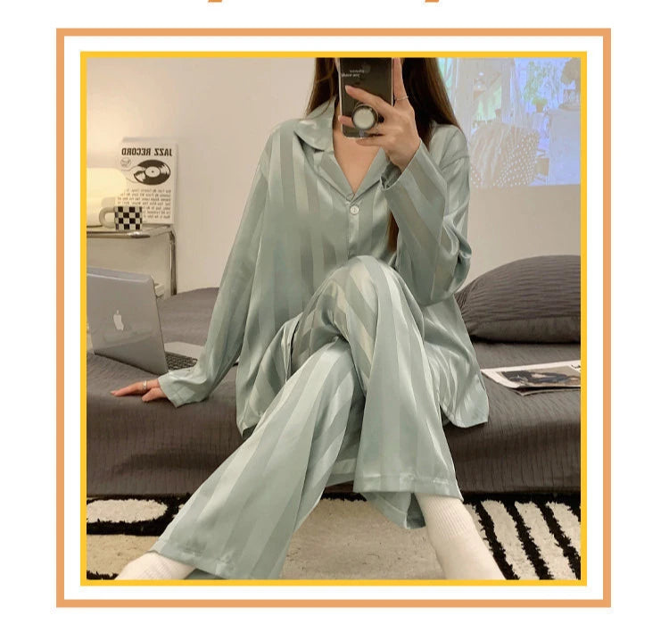 Striped Satin Pajamas Women Jacquard Loungewear Long Sleeve Trousers Two-Piece Set Solid Color Roll-Neck Cardigan Sleepwear