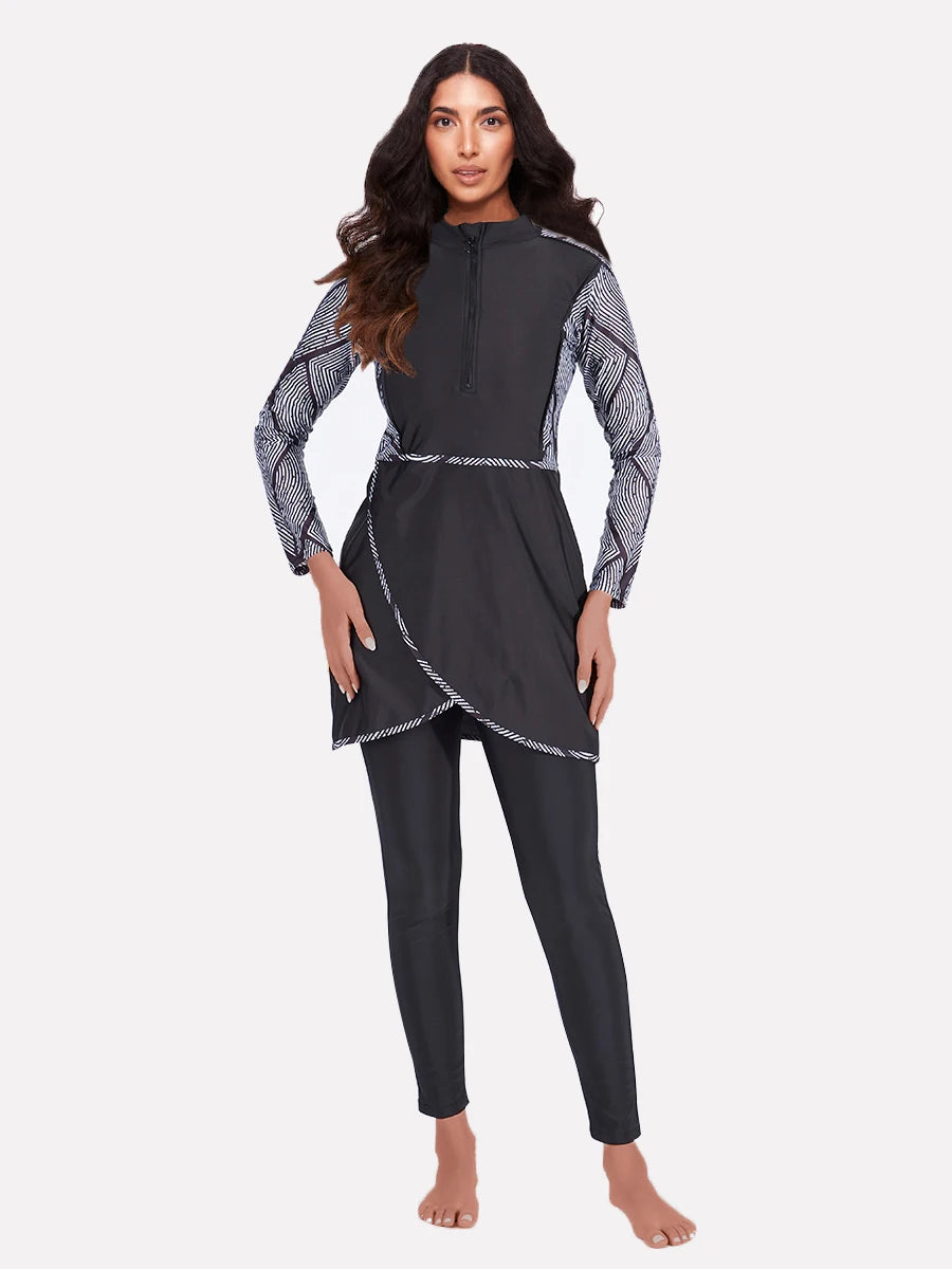 Muslim Swimwear Women Modest Patchwork Hijab Long Sleeves Sport Swimsuit 3pcs Islamic Burkinis Wear Bathing Suit