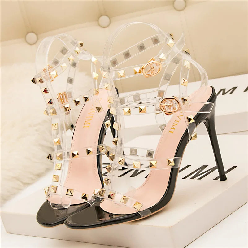 Summer Women 10cm Super High Heels Sandals Rivets Studded Stripper Valentine Strap Heels Wedding Luxury Shoes