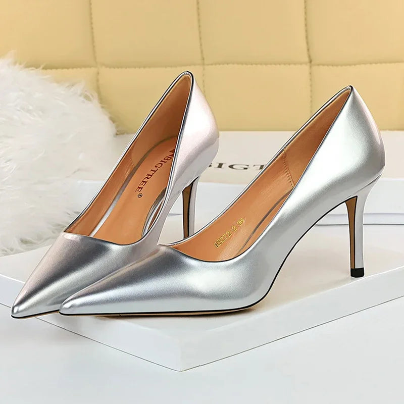 Women High Heels Scar pins Pumps Lady Glossy Leather Fetish Wedding Bridal Mid Low Heels Office Shoes