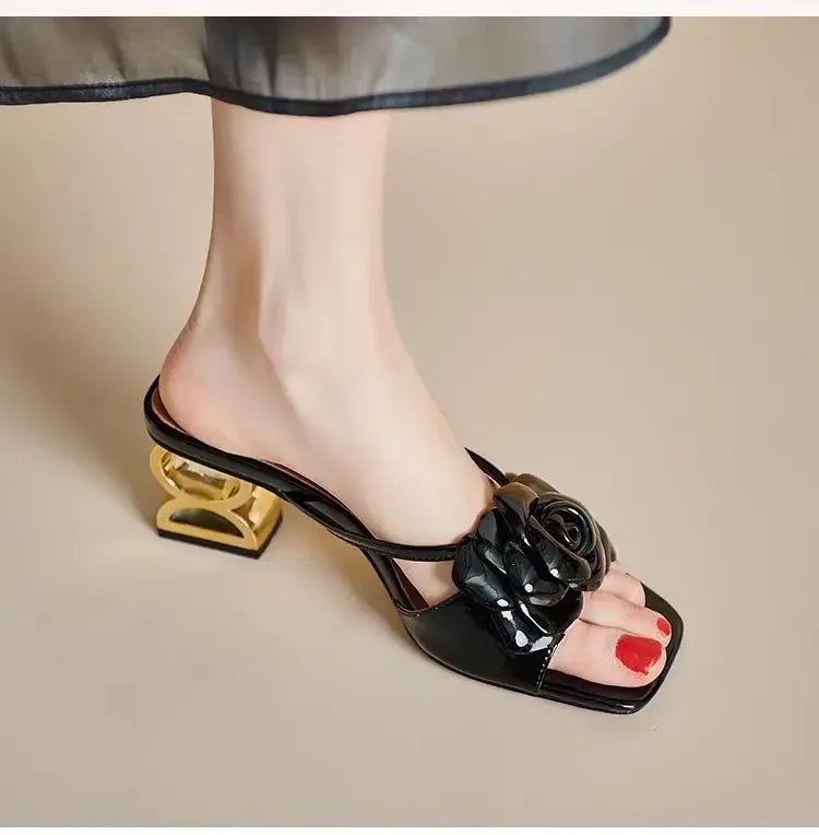 Camellia slippers fancy summer wear 2024 soft leather new line flower sandals open toe with half drag female Natalia Home Fashion Natalia Home Fashion