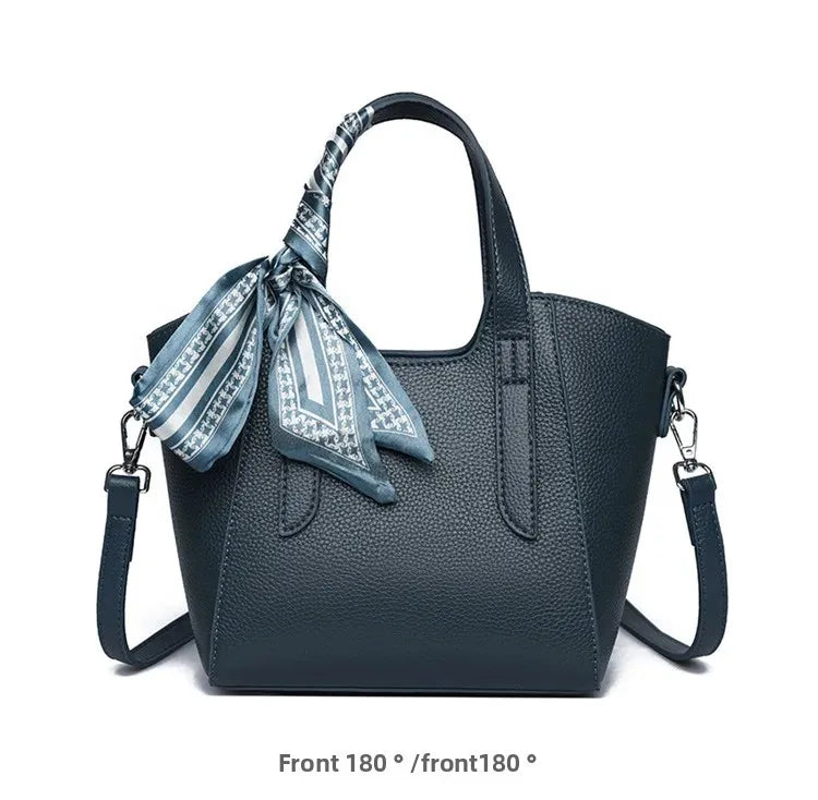 Pure Leather Cowhide Single Shoulder Crossbody Bag Ladies Handbag Fashion Bucket Bag Simple Basket Comes with Scarf