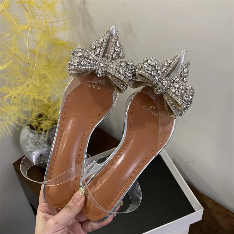 Fashion Design Crystal Bowknot Women Pumps Sexy Pointed Toe Clear High Heels Wedding Prom Shoes PVC Transparent Sandals
