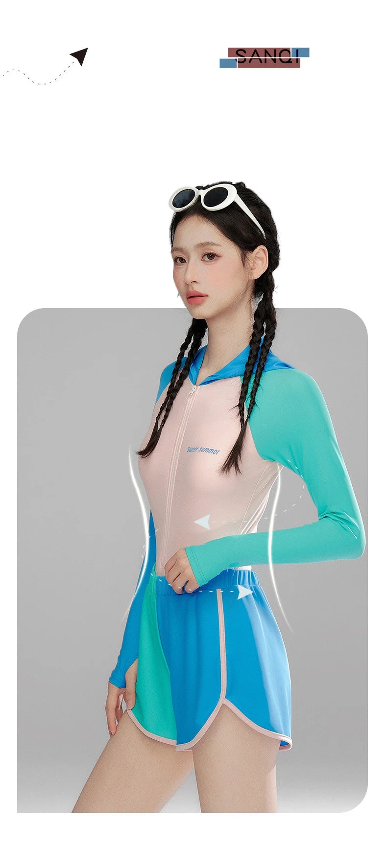 Women Long Sleeve Water Sports Outdoor Bathing Push Up Swim Wear Hooded Female Front Zipper Beach Athletic Surfing Swim Suit
