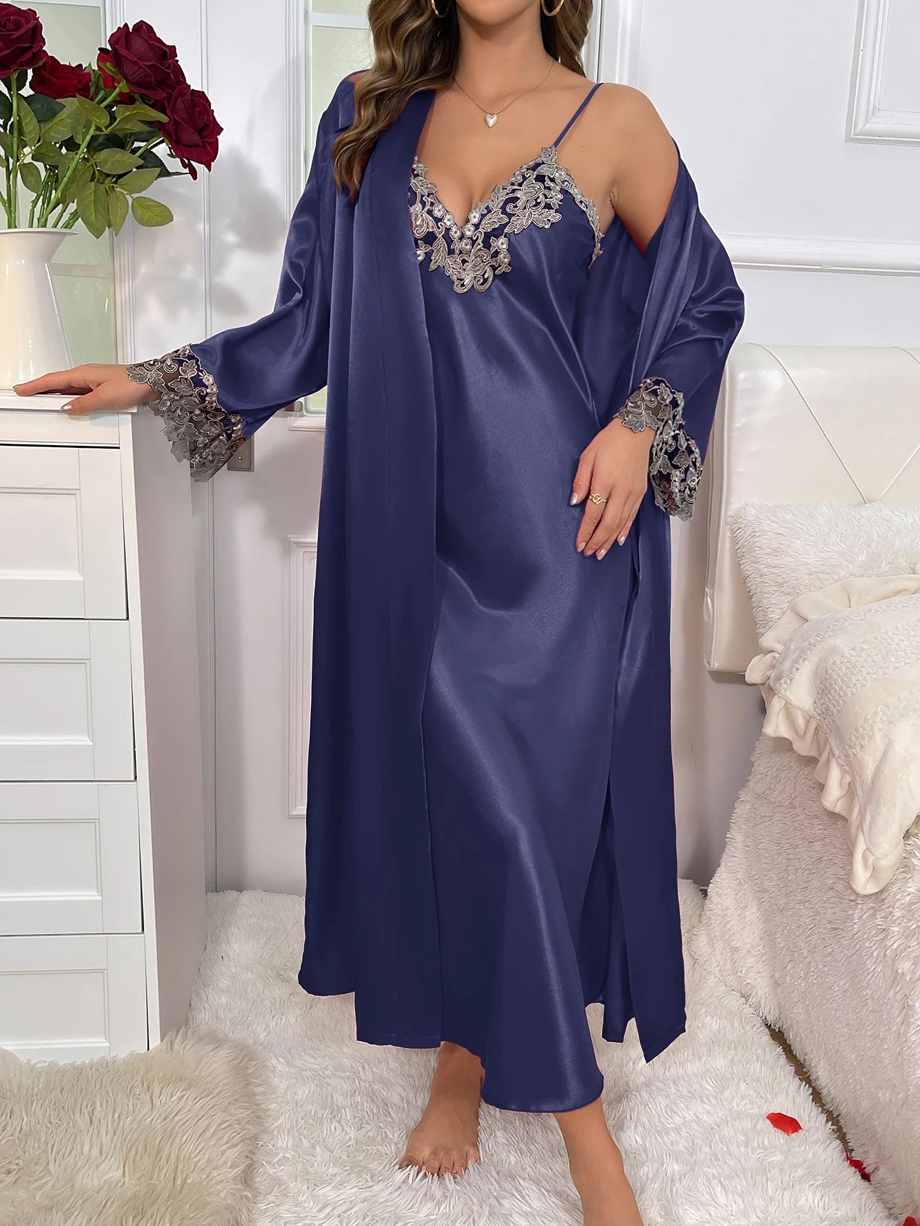 Contrast Lace Long Sleeve Belted Robe V Neck Slip Dress Sexy Elegant Women Pajamas Sets