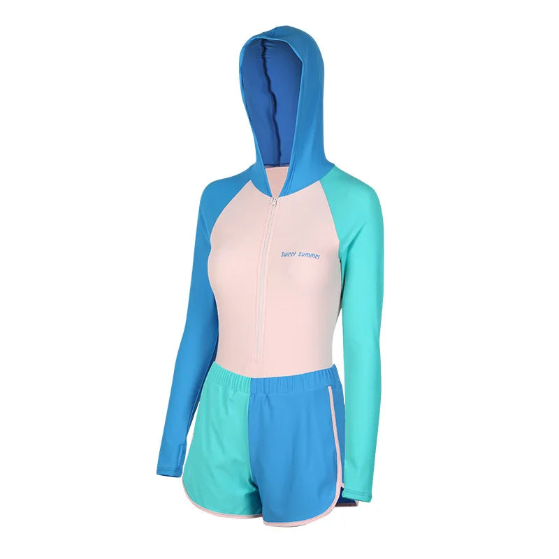 Women Long Sleeve Water Sports Outdoor Bathing Push Up Swim Wear Hooded Female Front Zipper Beach Athletic Surfing Swim Suit