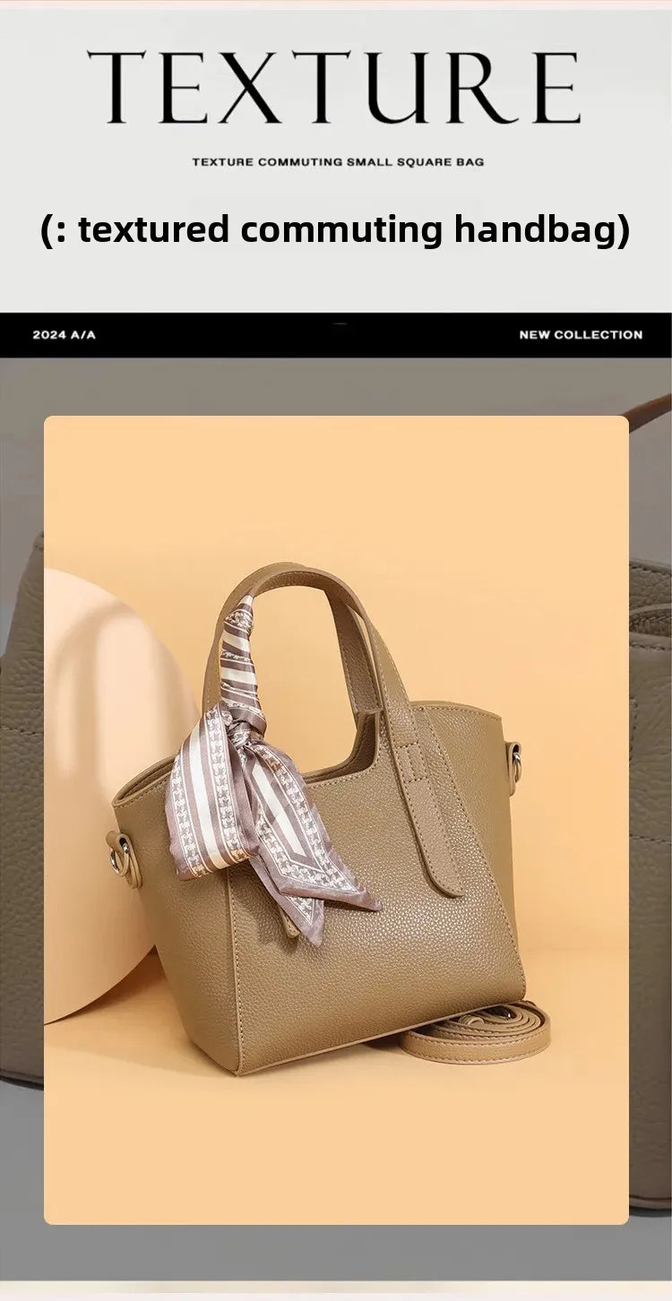 Pure Leather Cowhide Single Shoulder Crossbody Bag Ladies Handbag Fashion Bucket Bag Simple Basket Comes with Scarf
