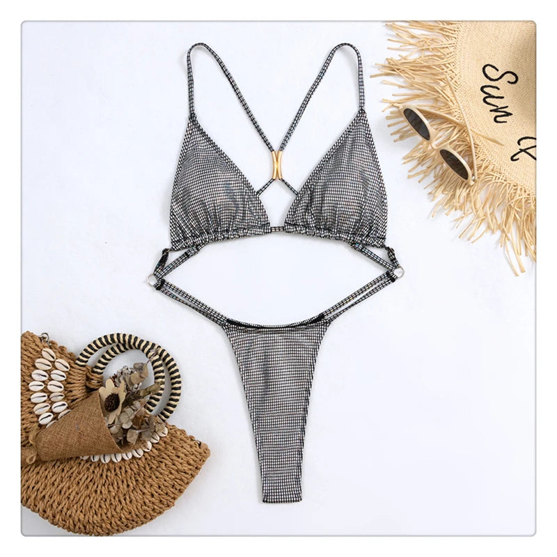 Women One Piece Swimsuit Bling Swimwear Backless Mono Bikini Feminine Bodysuit Female Bikini