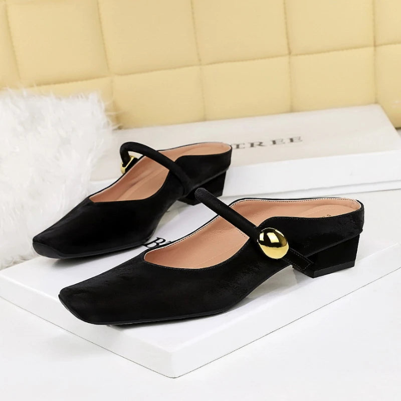 European Style Light-Mouthed Half-Slippers Women Wearing Thick Heels And Square-Toe Mary Jane Shoes One-Strap
