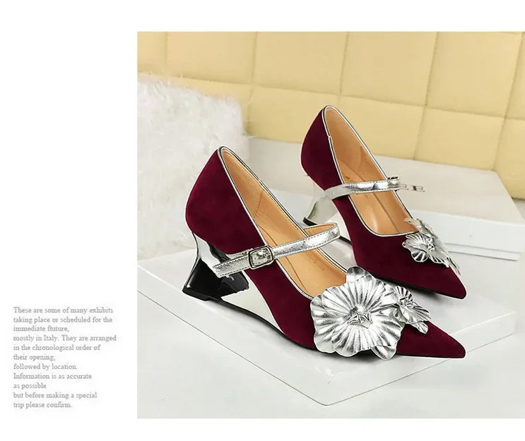 Metal Wedges 6 cm Women Pumps Flower Design High Heels Suede Sexy Party Shoes Buckle Ladies Shoes Women Wedges