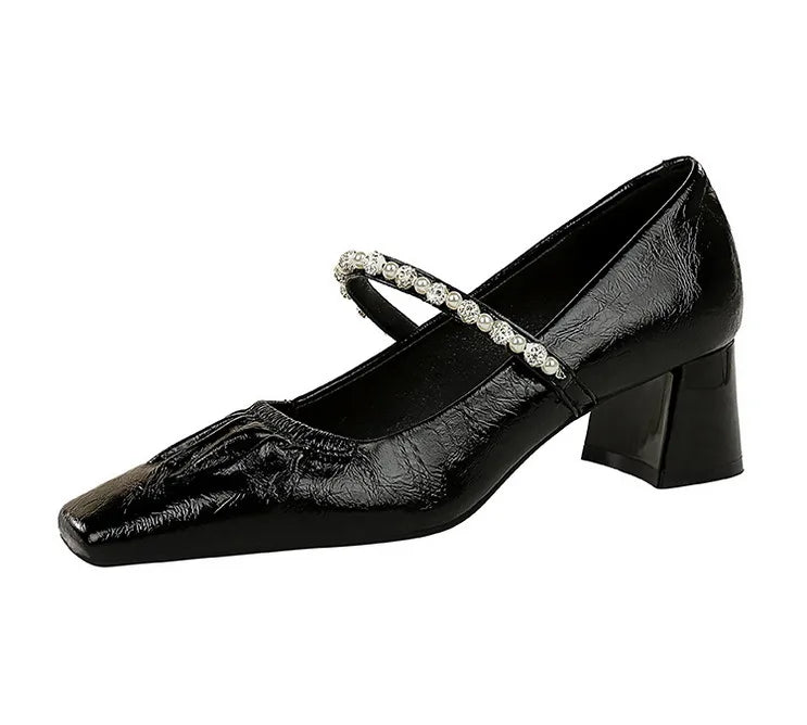 Heels Women Fashion CRYSTAL Pearl Pumps Square Toe Stripper Elegant Party Square Heel Ladies Shoes