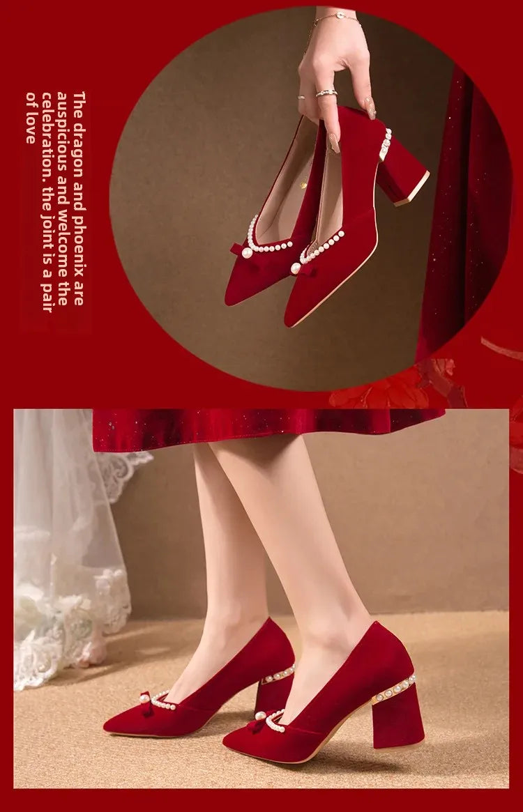 Women's Chunky Heel Pointed Toe Slip-On Shoes Wedding Dress Two-Way Wear Pearl Red Bridal Shoes Spring Autumn New Style