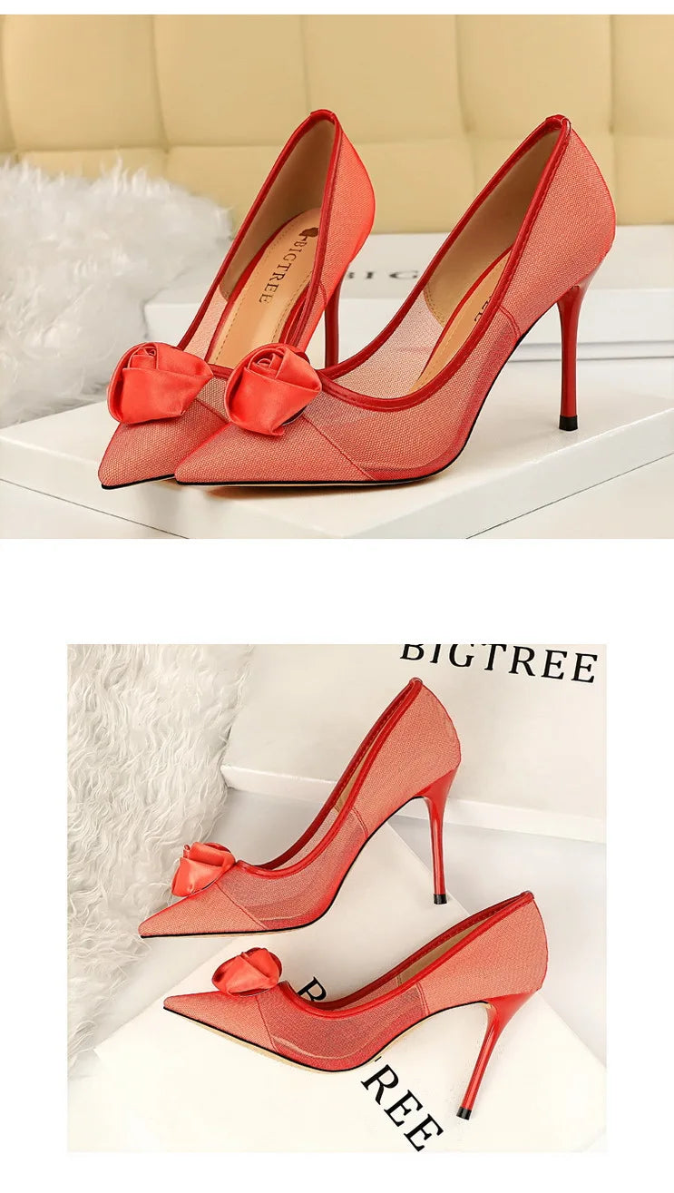 Women's Sexy Nightclub Pole Dancing Show Thin Heels High Mesh Hollowed Out Satin Rose Flower Woman Pumps