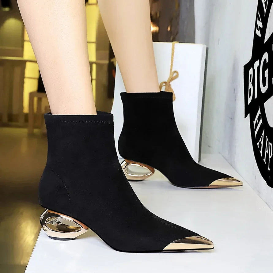 Street Style Fur Metal Hollow Heel Modern Faux Suede Short Boots for Women Metal Pointed Toe Low Heel Boots Female