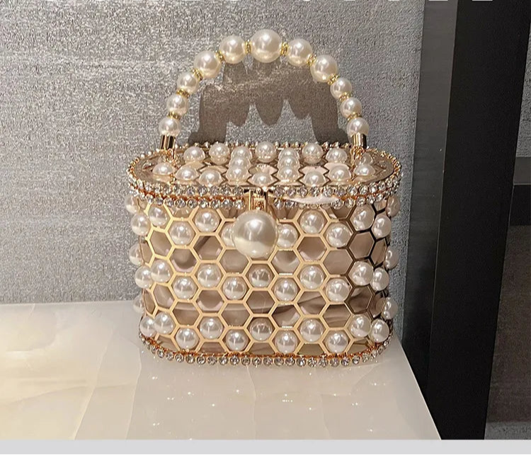 Luxury Pearl Beaded Metal Cage Hollow Out Women Handbag Rhinestones Diamond Evening Bag Wedding Party Clutch Purse Crossbody Bag