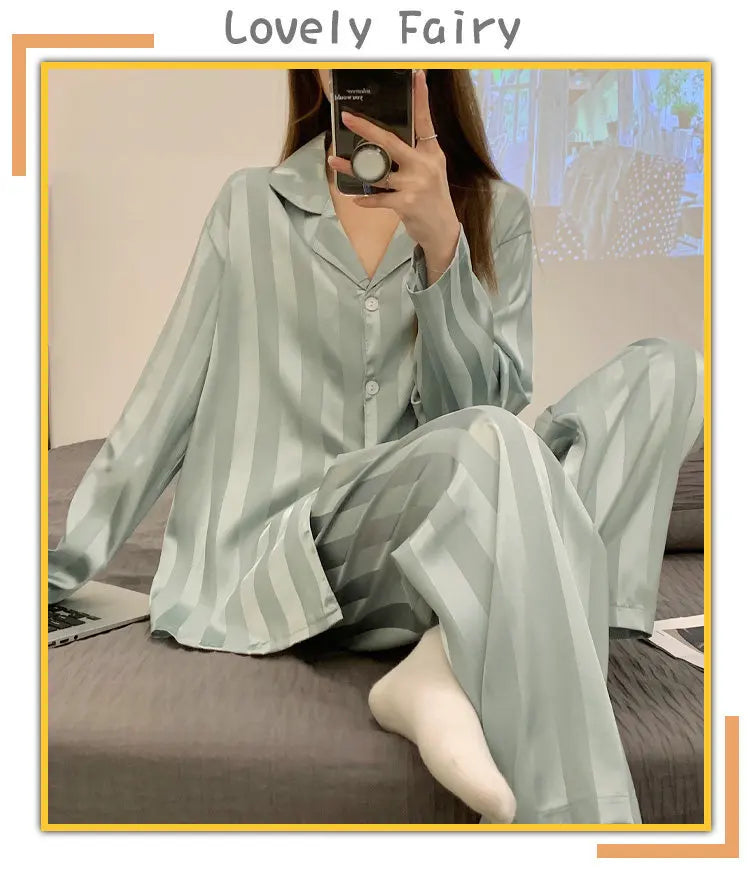 Striped Satin Pajamas Women Jacquard Loungewear Long Sleeve Trousers Two-Piece Set Solid Color Roll-Neck Cardigan Sleepwear