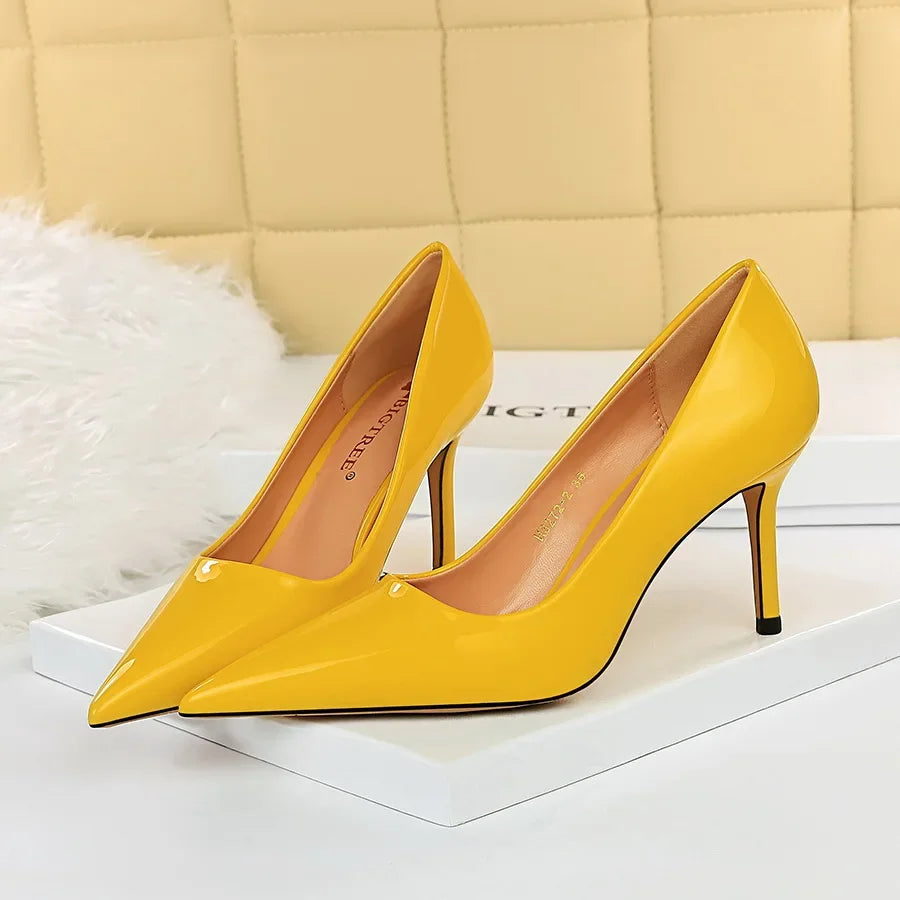 Women High Heels Scar pins Pumps Lady Glossy Leather Fetish Wedding Bridal Mid Low Heels Office Shoes