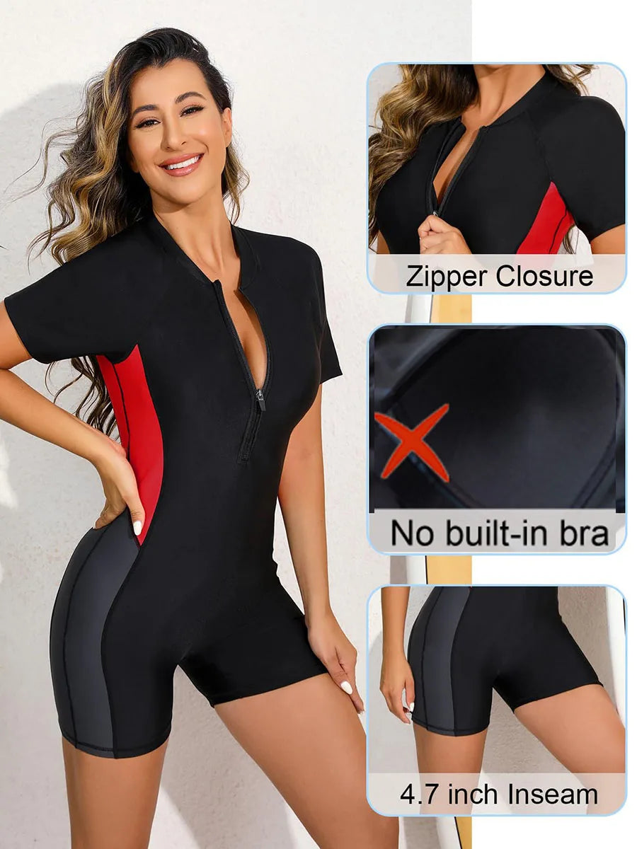 One Piece Quick-Drying Swimwear Sporty Swim Suit Short Sleeve Swimsuit Women Surfing Sun Protection No built-in bra