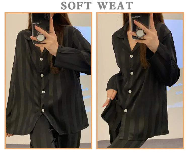 Striped Satin Pajamas Women Jacquard Loungewear Long Sleeve Trousers Two-Piece Set Solid Color Roll-Neck Cardigan Sleepwear