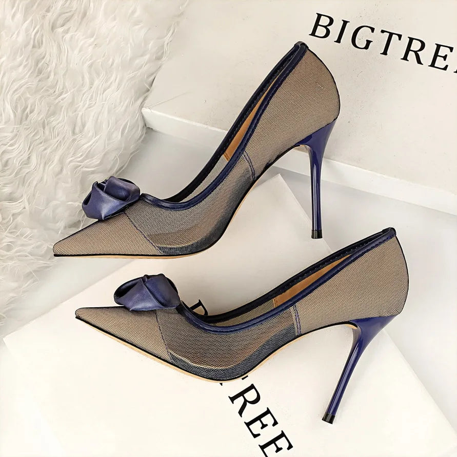 Women's Sexy Nightclub Pole Dancing Show Thin Heels High Mesh Hollowed Out Satin Rose Flower Woman Pumps