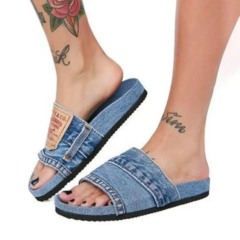Women's Shoes Summer Shoes Women's Slippers Outdoor Solid Color Denim Open Toe Low Heel Large Size Casual Slippers