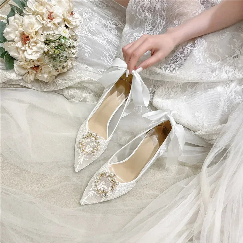 French wedding shoes, lace bridesmaid shoes, white pointed high heels, women's slim heels, bride's shoes