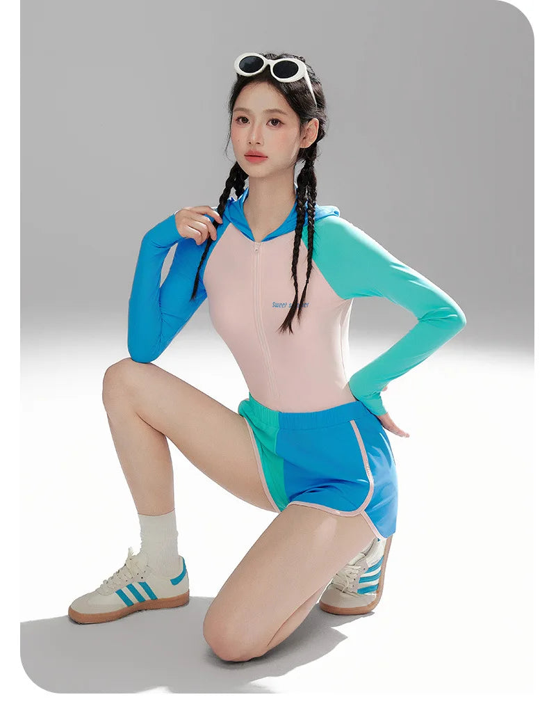 Women Long Sleeve Water Sports Outdoor Bathing Push Up Swim Wear Hooded Female Front Zipper Beach Athletic Surfing Swim Suit